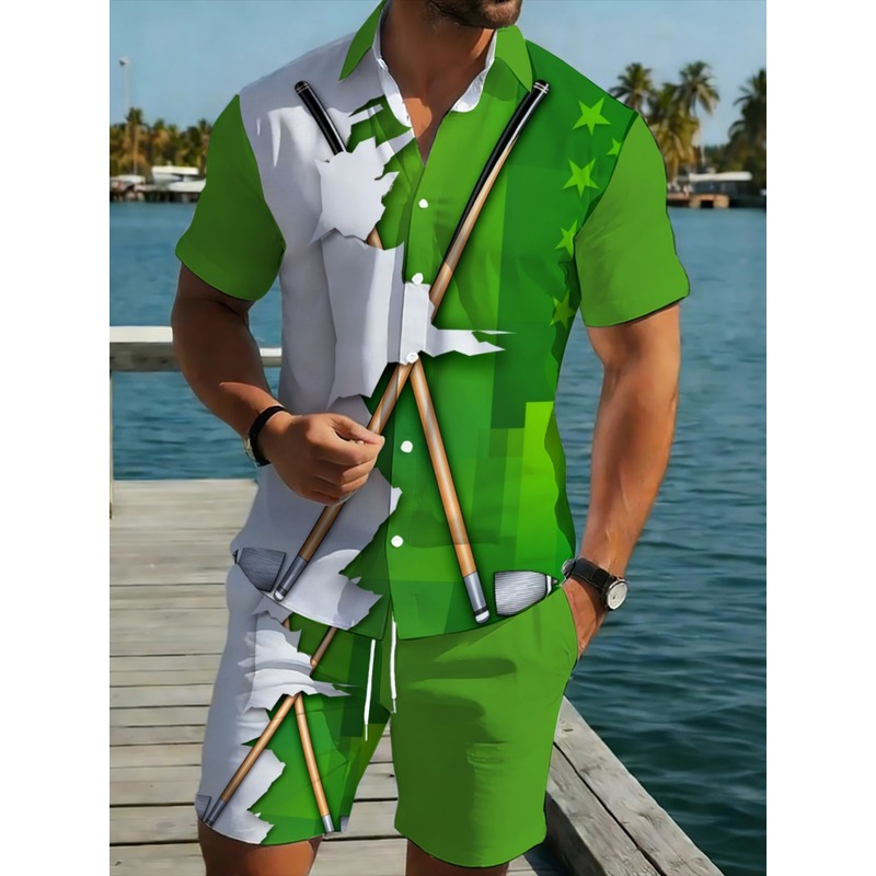 Golf Clubs - ชุดเสื้อและกางเกงผู้ชายน้ำหนักเบา สีเขียวขาว ผ้าโพลีเอสเตอร์ ลายดาวและสโมสรกอล์ฟ เหมาะสำหรับสวมใส่ในหลายโอกาส